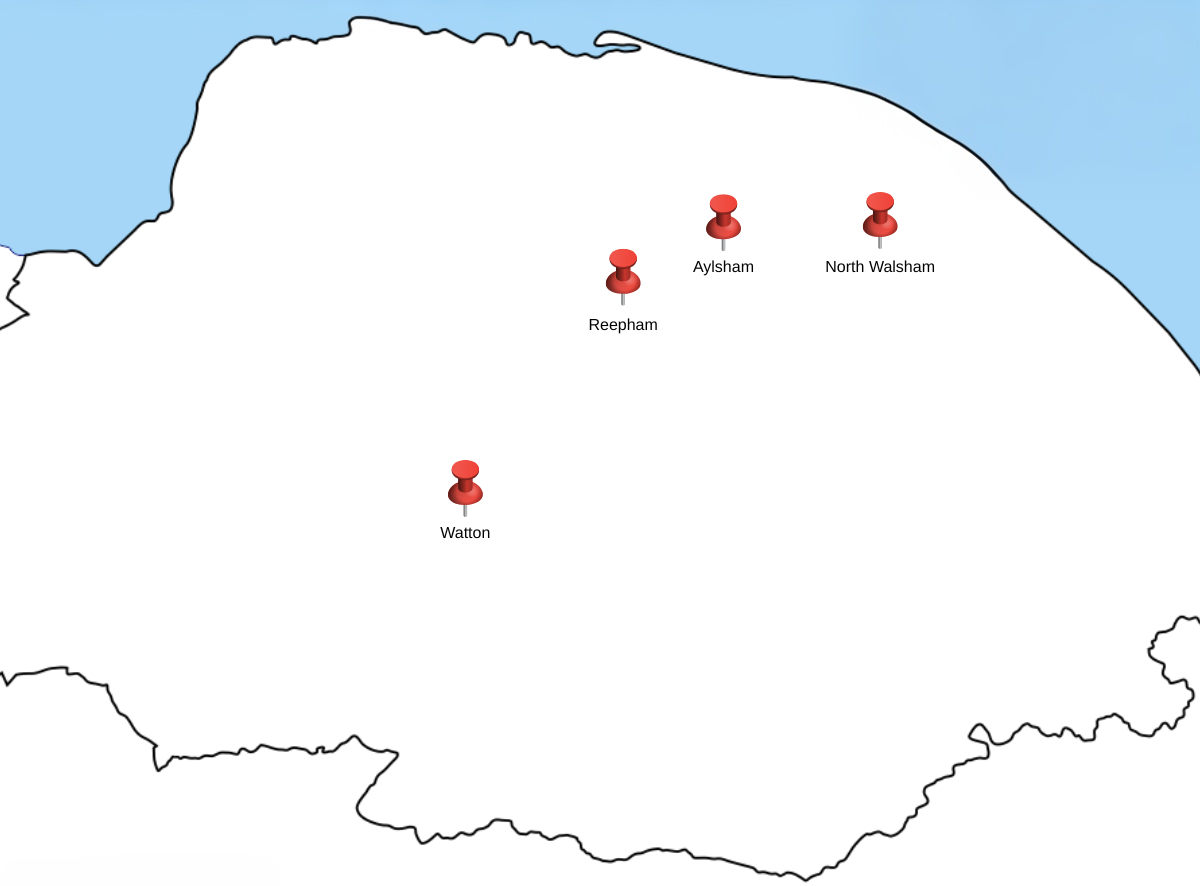 Emergency electrician coverage map across Norfolk