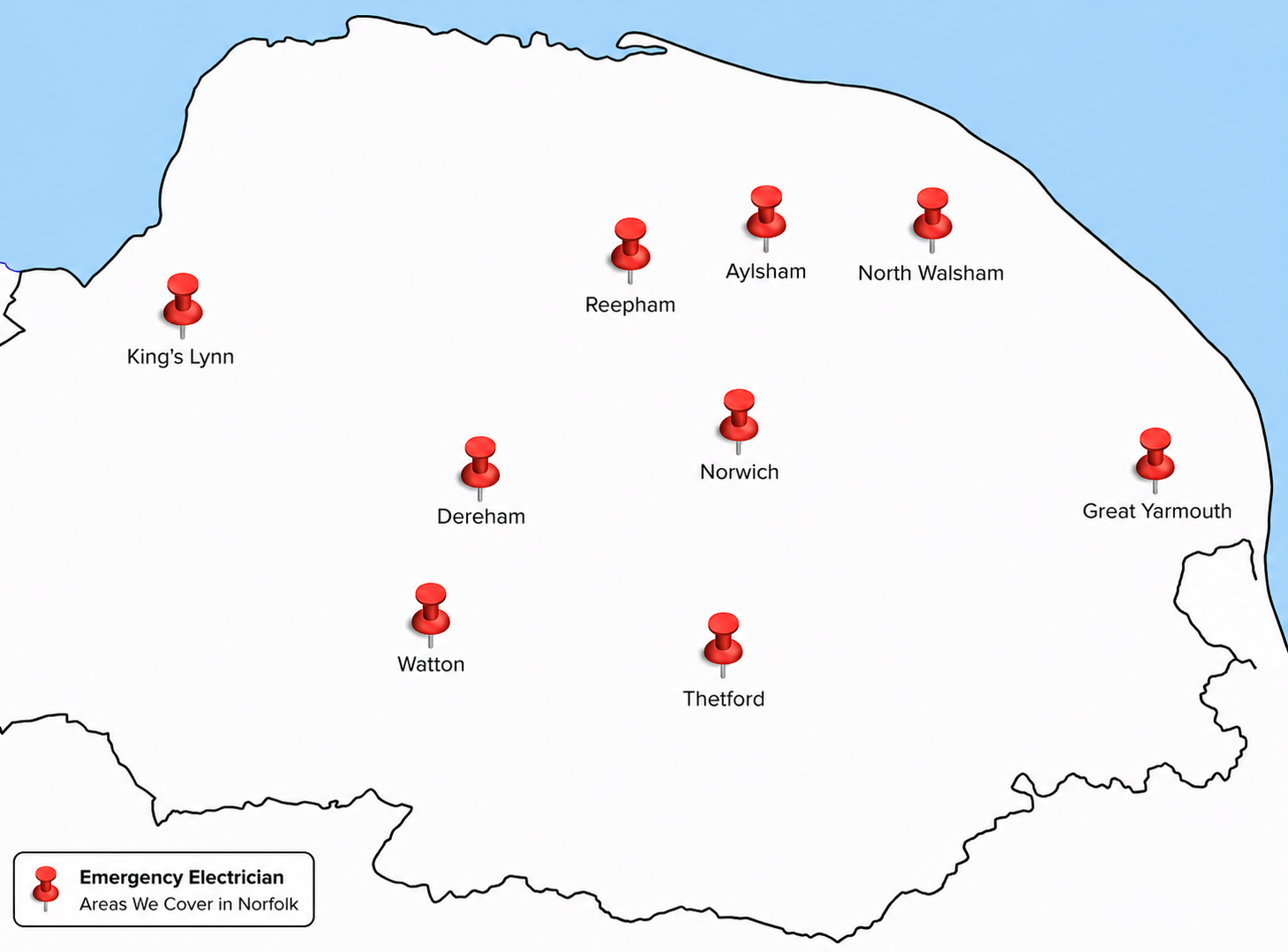 Emergency electrician Norfolk coverage including Norwich, Great Yarmouth, King's Lynn, Dereham, Thetford, Aylsham, Watton, North Walsham and Reepham